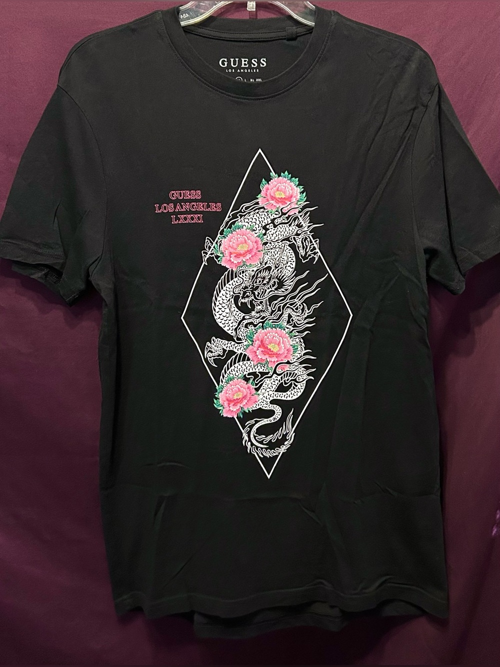 GUESS Black Tee with White Dragon and Pink Floral Accents